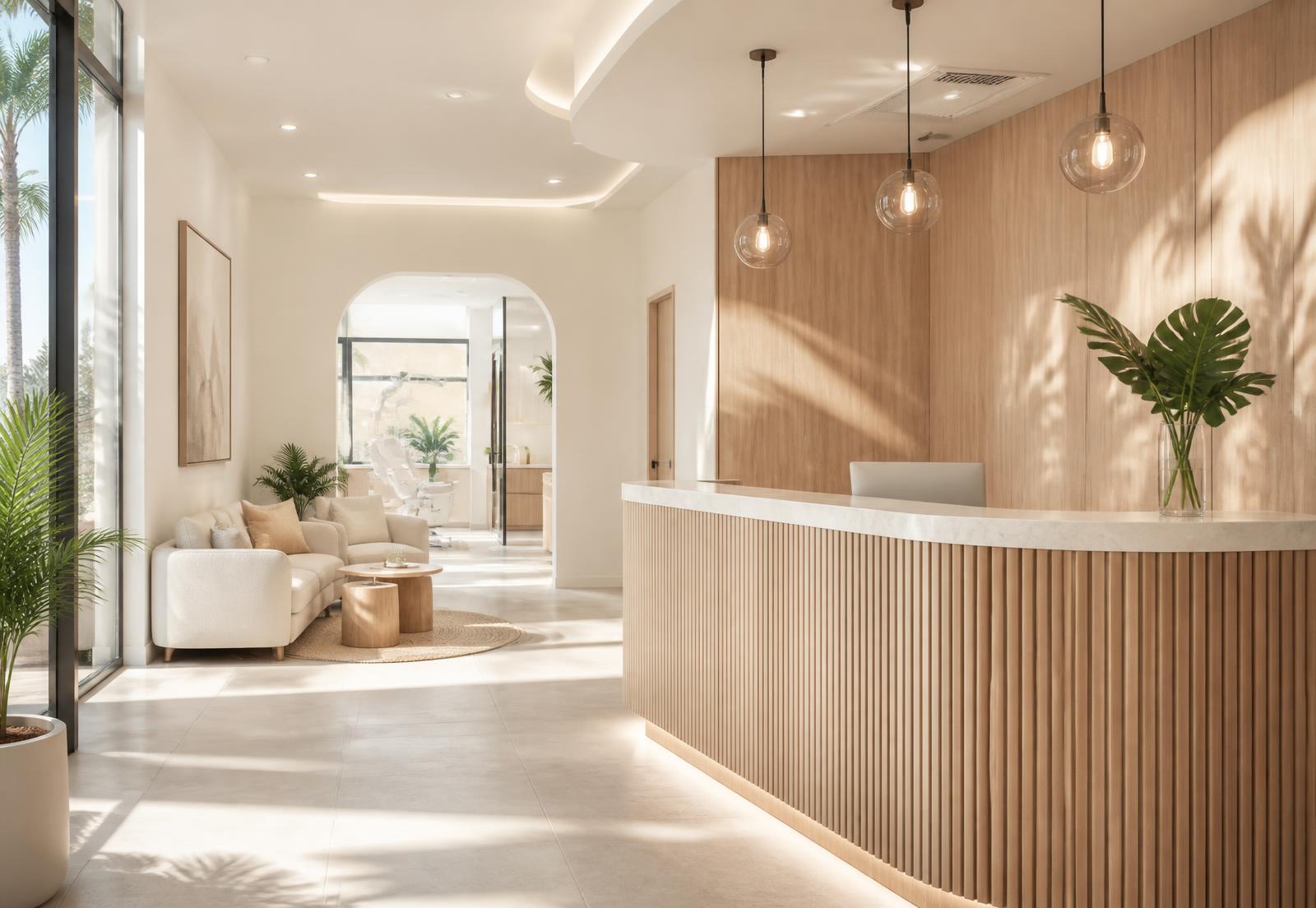 Bright, warm reception area of a modern dental practice with natural wood detailing and South Florida light